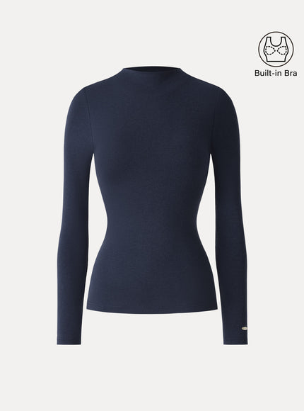 Mockneck Long Sleeve Built-In Bra Top - Forest Night