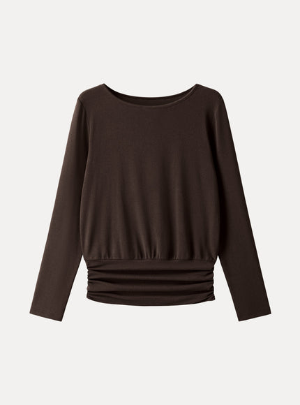 Boatneck Long Sleeve Ruched Banded Hem Top