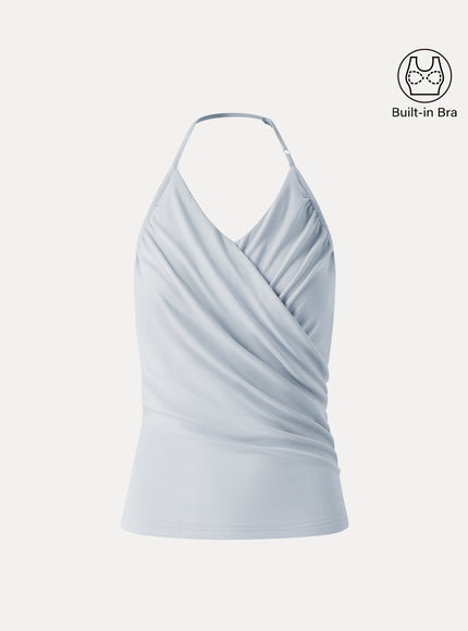 Modal Halter Neck Surplice Ruched Bandless Built-In Bra Top
