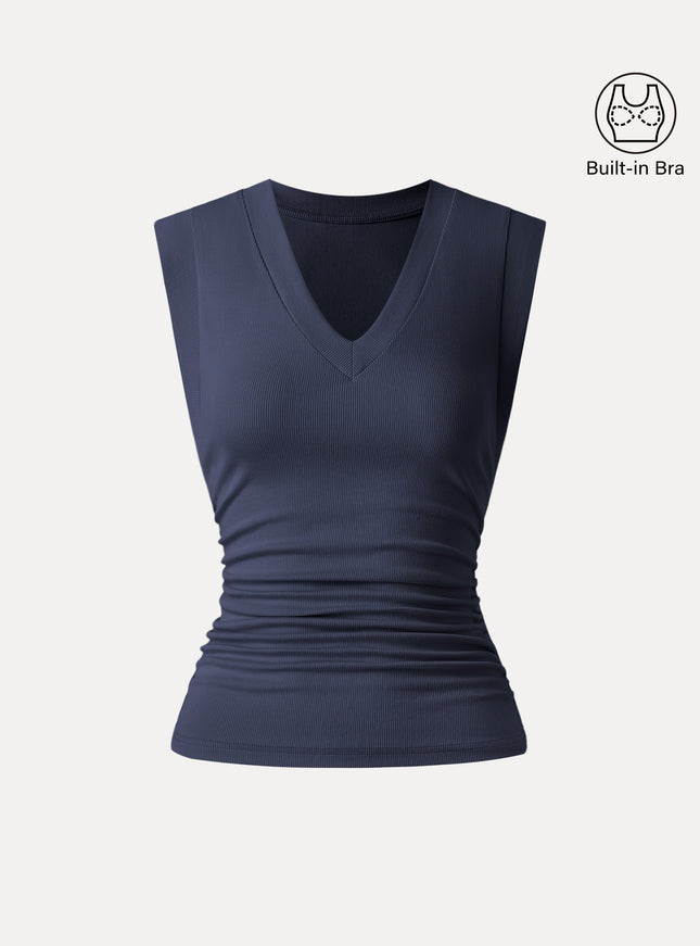 Stretch Cotton V-neck Side Ruched Muscle Built-In Bra Top