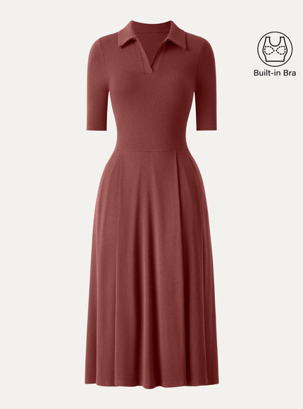 Polo Neck Elbow Length Sleeve Midi Built-In Bra Dress with Pockets