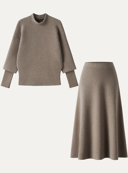2Pcs Set Mockneck Sleeve-Warmer Top & Midi A-line Circle Skirt