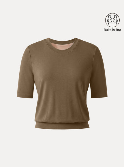 Lyocell Wool Crewneck Built-In Bra Top with Banded Hem