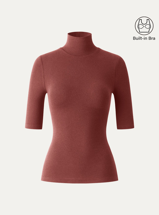 Essential Turtleneck Elbow Length Sleeve Built-In Bra Top - Midnight Navy