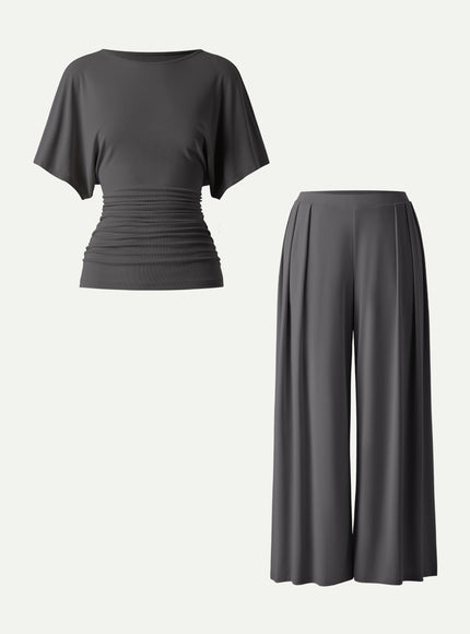 2Pcs Set Boatneck Batwing Sleeve Top & Wide Leg Palazzo Pant with Pockets