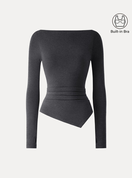 Boatneck Side Tucks Asymmetrical Built-In Bra Top