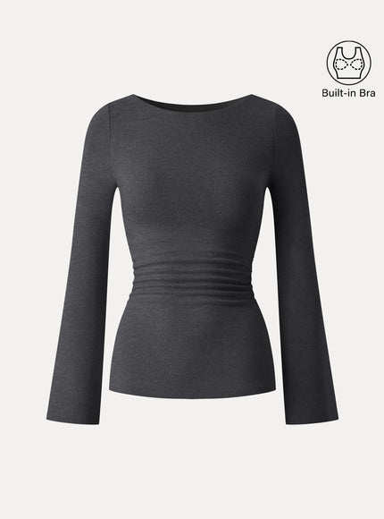 Round Neck Bell Sleeve Ruched Built-In Bra Top