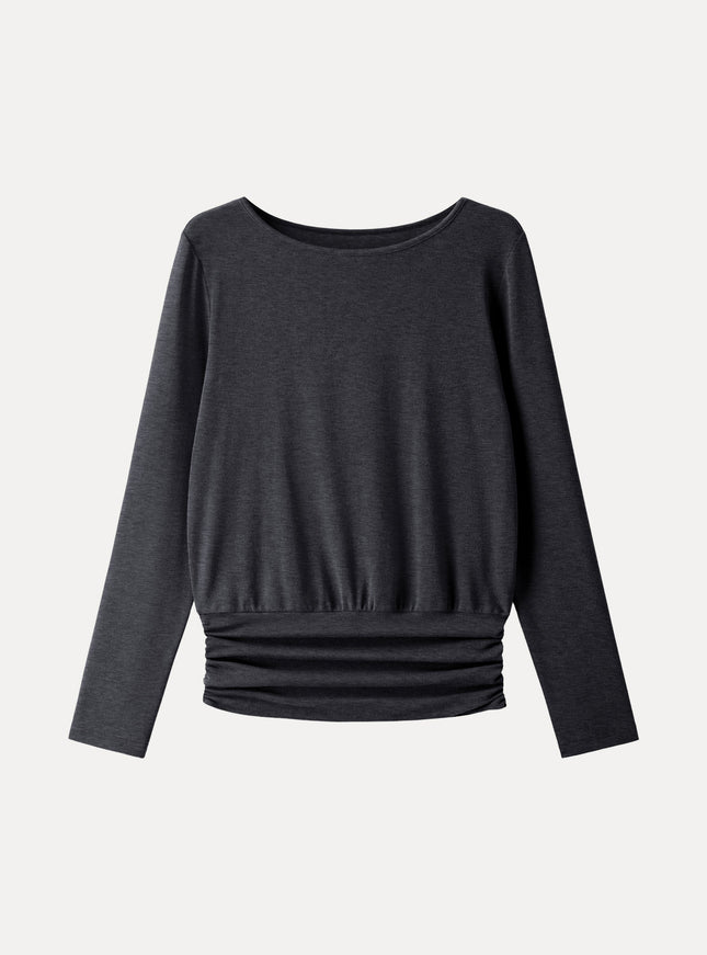 Boatneck Long Sleeve Ruched Banded Hem Top