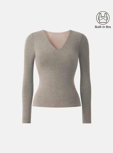 V-Neck Long Sleeve Built-In Bra Top