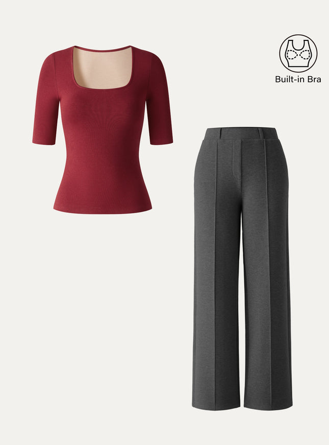 2Pcs Set Square Neck Built-In Bra Top & High Waisted Warm Straight Leg Pull On Pant