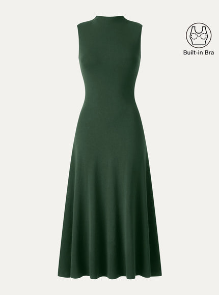 Mock Neck Sleeveless A-Line Midi Built-In Bra Dress