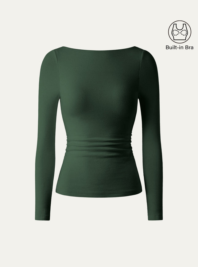 Boatneck Long Sleeve Open-Back Ruched Built-In Bra Top