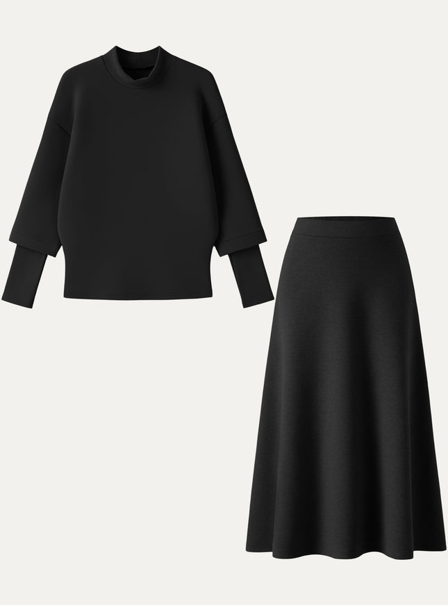 2Pcs Set Mockneck Sleeve-Warmer Top & Midi A-line Circle Skirt