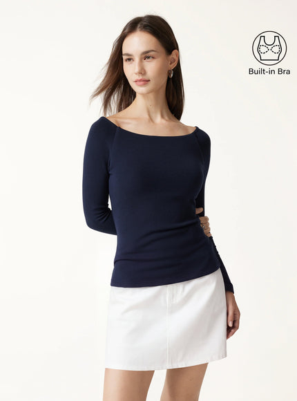 Slash Neck Raglan Sleeve Built-In Bra Top