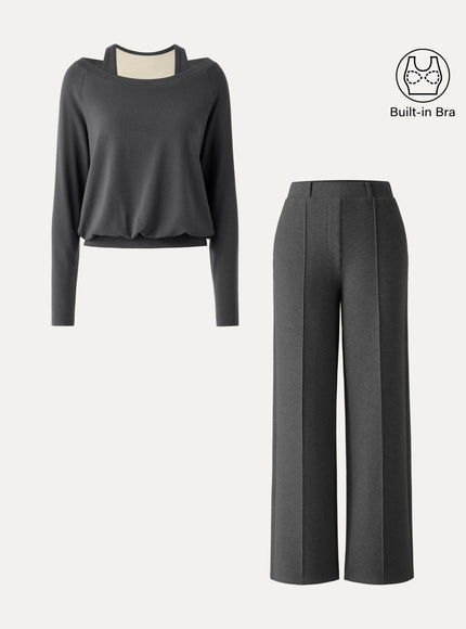 2Pcs Set Multi-Wear Layering Built-In Bra Top & High Waisted Straight Leg Pull On Pant