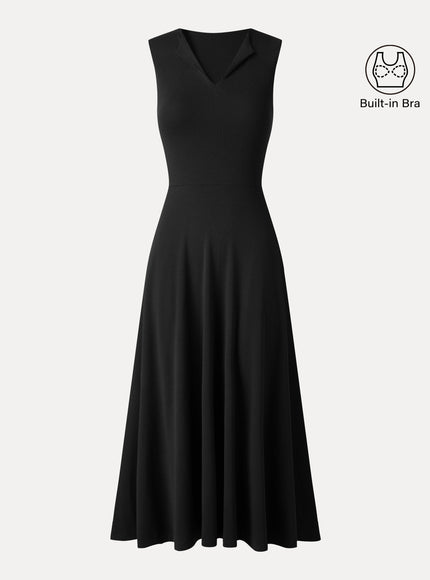 Ribbed Collared V-Neck Sleeveless A-Line Midi Built-In Bra Dress with Pockets