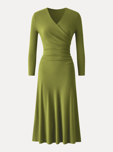 Surplice 3/4 Sleeve Side-Tuck Midi Dress