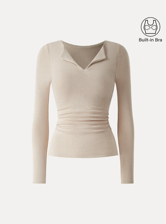 Flapped V-Neck Long Sleeve Ruched Built-In Bra Top