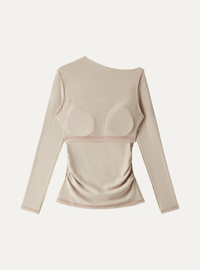Slanted Mockneck Ruched Built-In Bra Top