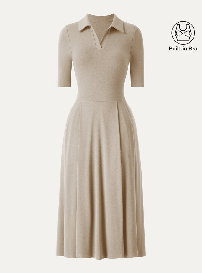Polo Neck Elbow Length Sleeve Midi Built-In Bra Dress with Pockets