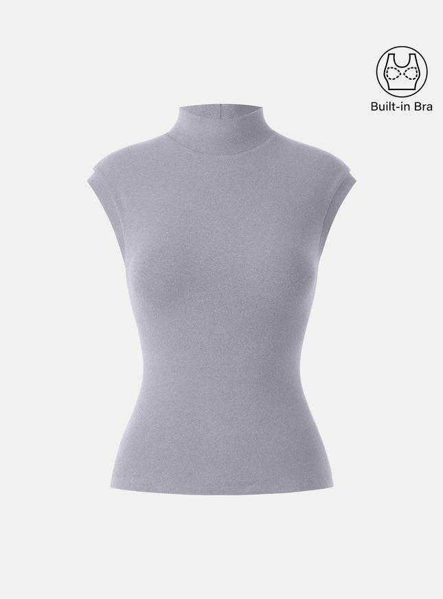 Stretch Cotton Mock Neck Cap Sleeve Built-In Bra Top