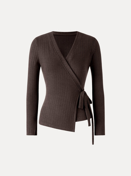 MaxWarm Wide Ribbed Crossover Long Sleeve Tie-Waist Top