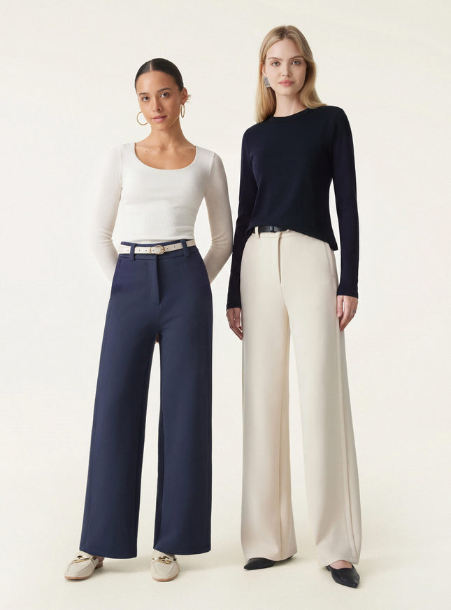 Stretchy Mid Rise Fly-Front Wide Leg Trouser