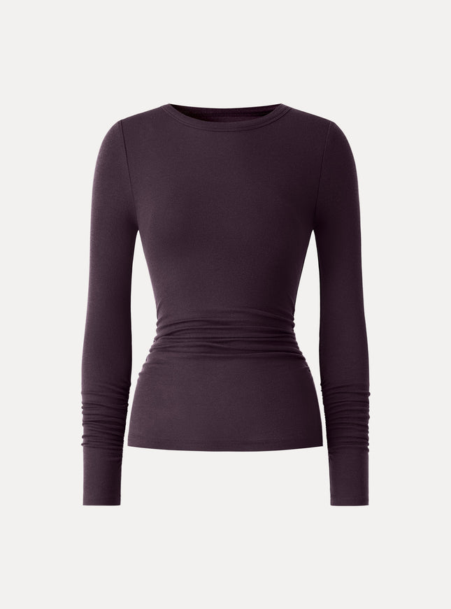 Lyocell-Wool Round Neck Long Sleeve Ruched Top
