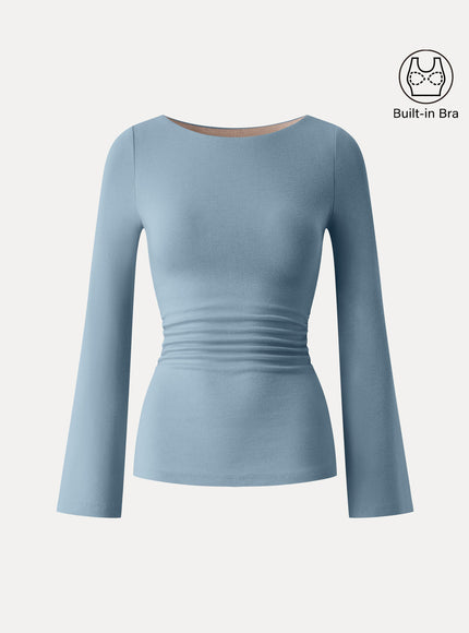 Round Neck Bell Sleeve Ruched Built-In Bra Top
