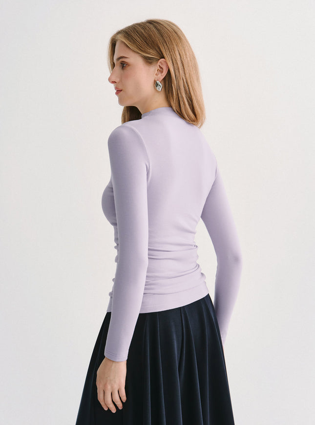 Mock Neck Long Sleeve Ruched Built-In Bra Top