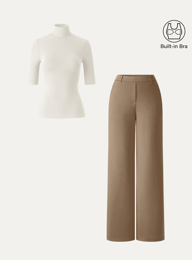 2Pcs Set Elbow Length Sleeve Built-In Bra Top & High-Rise Wide Leg Pants