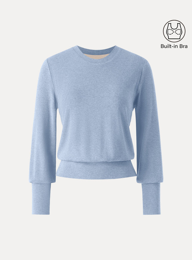 Elevated Crewneck Brushed Built-In Bra Top with Banded Hem