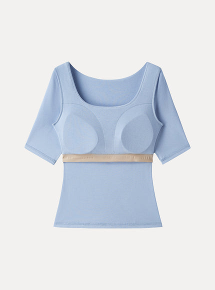 Essential Elbow Length Sleeve Square Neck Built-In Bra Tops