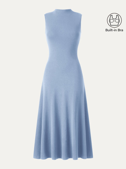 Mock Neck Sleeveless A-Line Midi Built-In Bra Dress