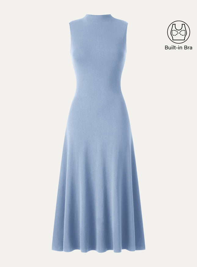 Mock Neck Sleeveless A-Line Midi Built-In Bra Dress
