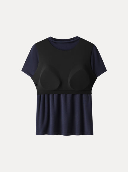 Mock Neck Short Sleeve Built-In Bra Top
