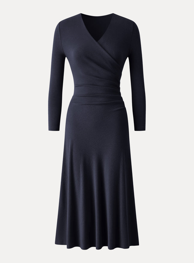 Surplice 3/4 Sleeve Side-Tuck Midi Dress