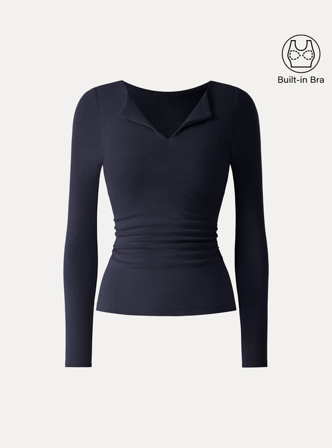 Flapped V-Neck Long Sleeve Ruched Built-In Bra Top