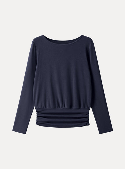 Boatneck Long Sleeve Ruched Banded Hem Top