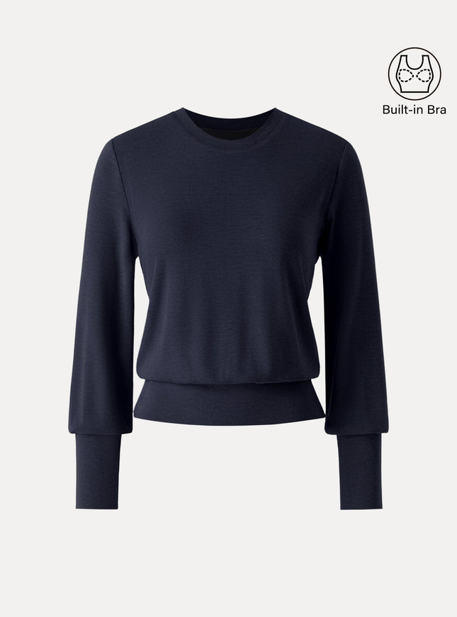Elevated Crewneck Brushed Built-In Bra Top with Banded Hem