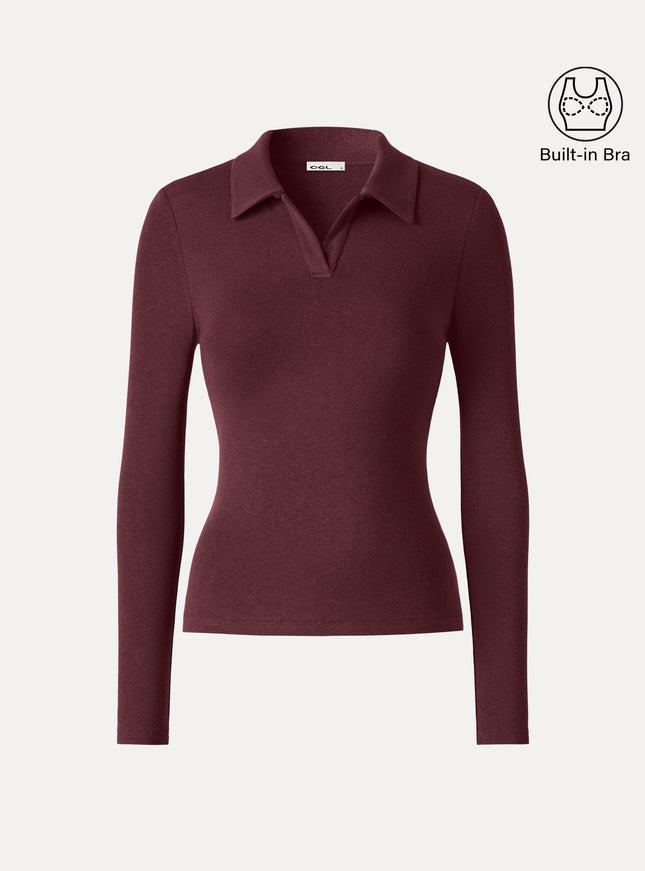 Office Staple V-Neck Lapel Long Sleeve Built-In Bra Top