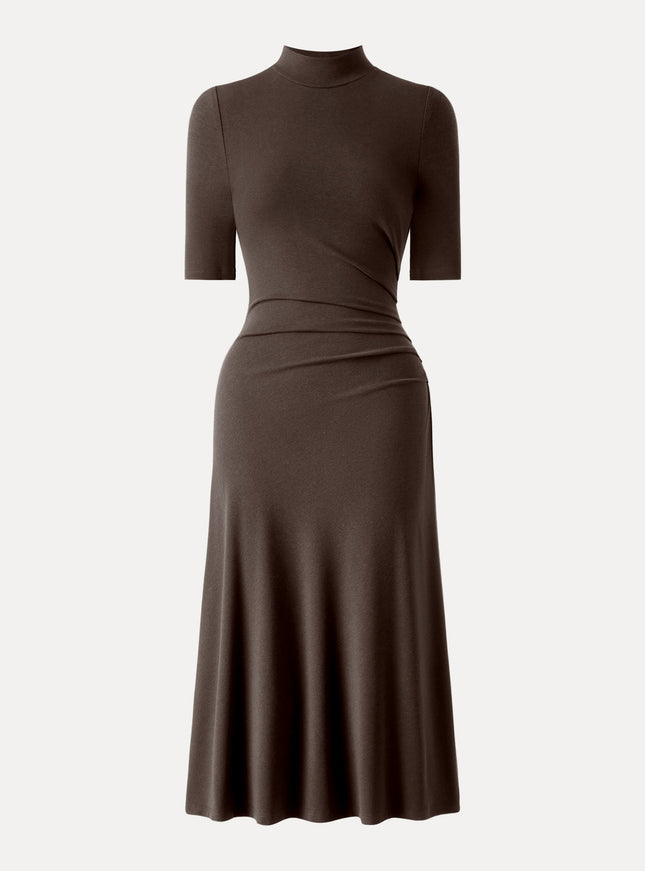 Cotton Blend Mock Neck Elbow Sleeve Tucked A-Line Midi Dress