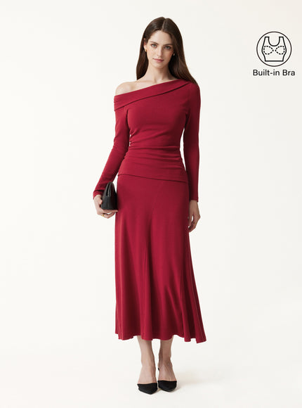 2Pcs Set Asymmetrical Built-In Bra Top & High-Rise A-Line Midi Skirt