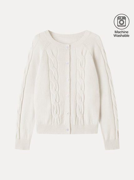 Merino-Blend Cable-Knit Crew Neck Long Sleeve Cardigan