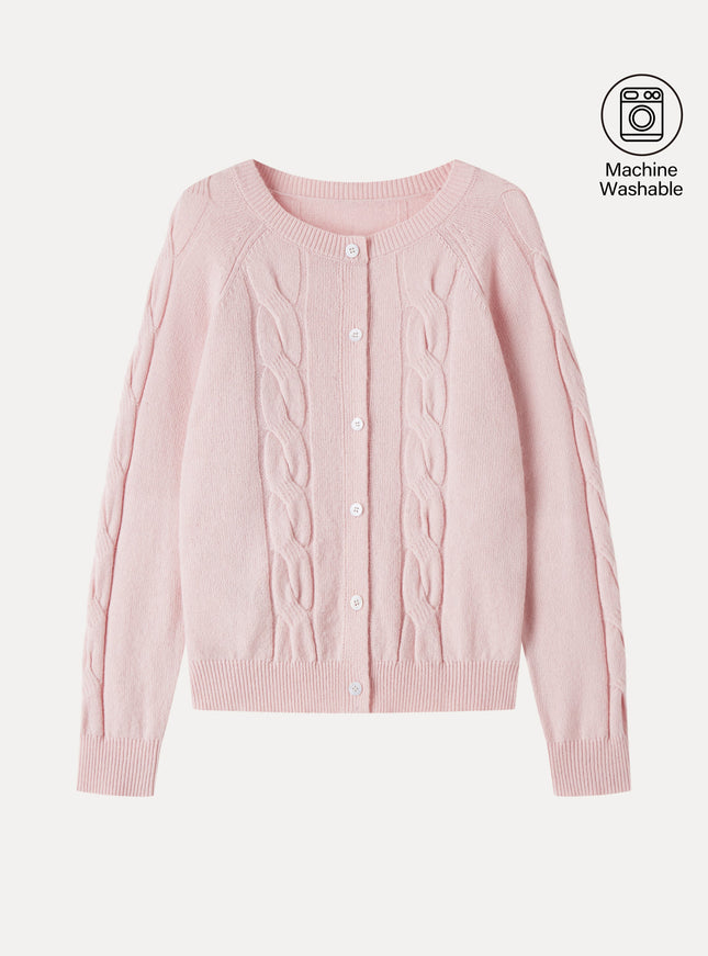 Merino-Blend Cable-Knit Crew Neck Long Sleeve Cardigan