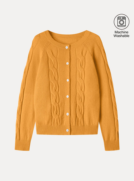Merino-Blend Cable-Knit Crew Neck Long Sleeve Cardigan