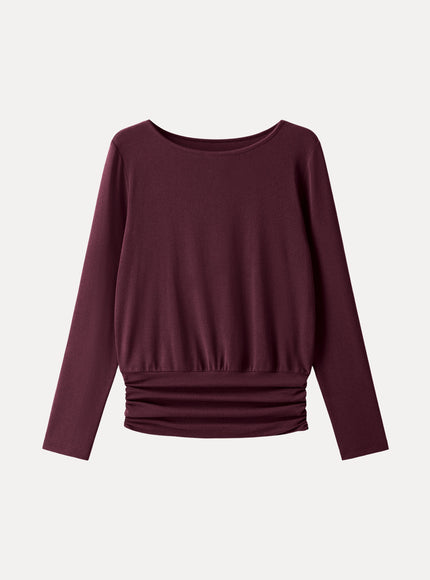 Boatneck Long Sleeve Ruched Banded Hem Top