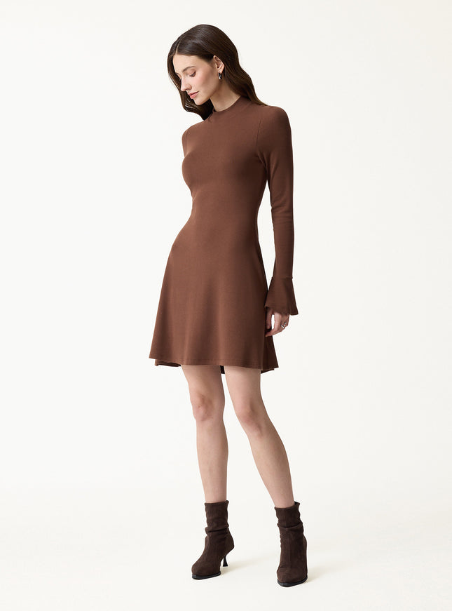 Mock Neck Flared Long Sleeve A-Line Mini Built-In Bra Dress