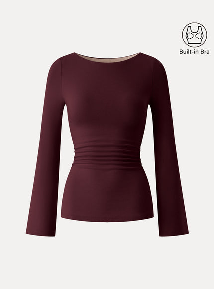Round Neck Bell Sleeve Ruched Built-In Bra Top