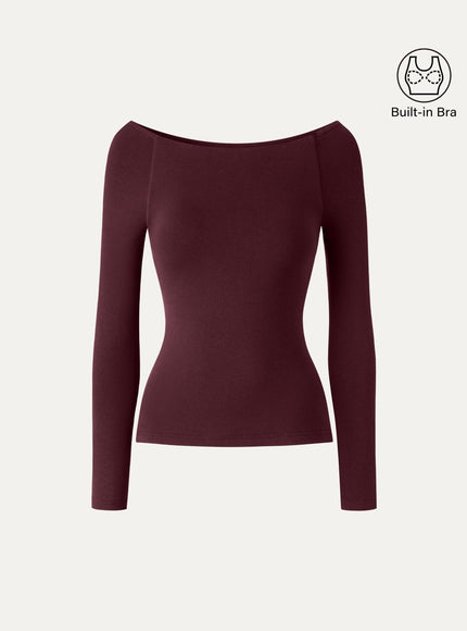Slash Neck Raglan Sleeve Built-In Bra Top